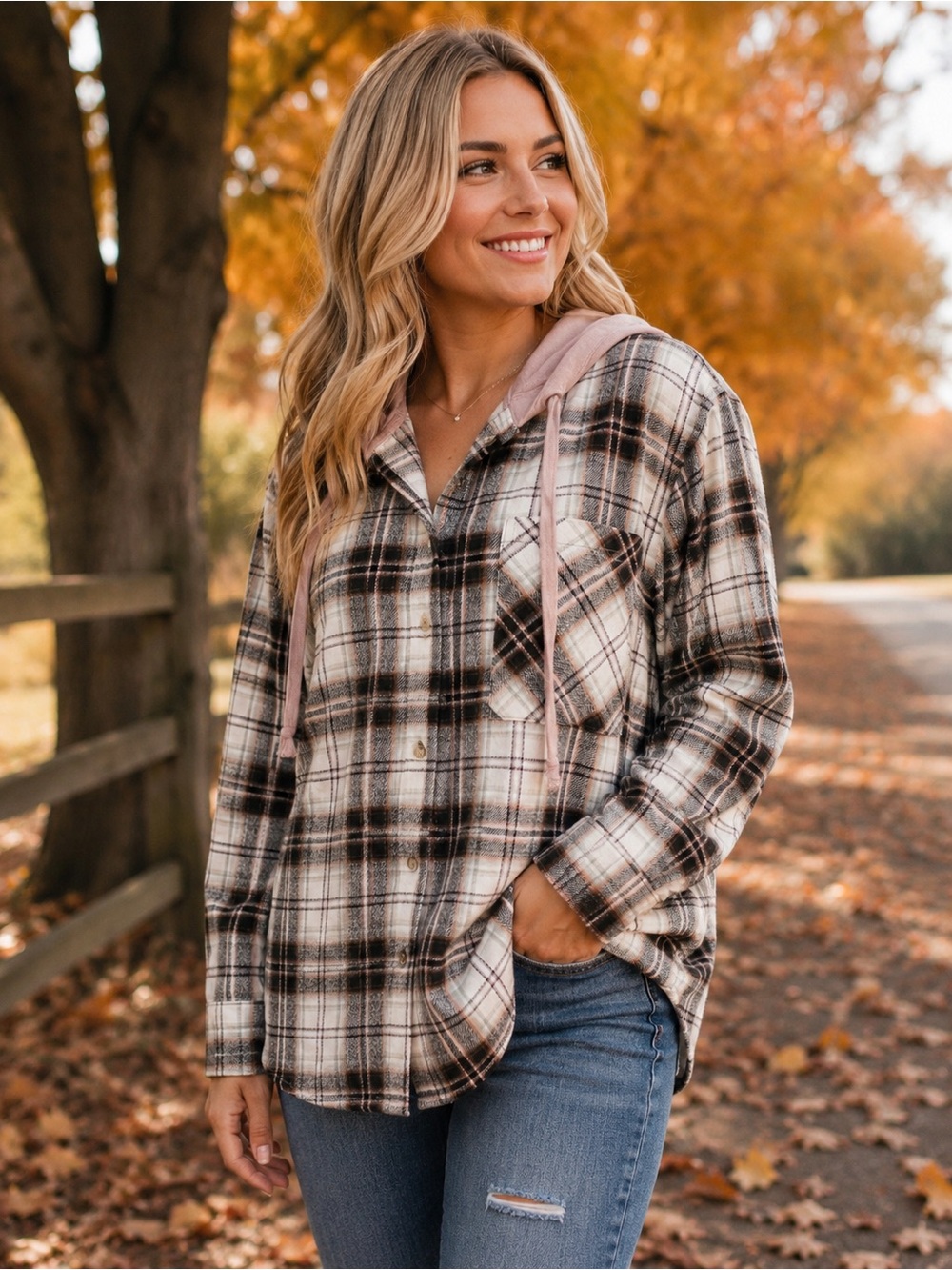 Hem & Thread Hooded Plaid Flannel Shirt | Pink Hood | Button Front | size L, NWT